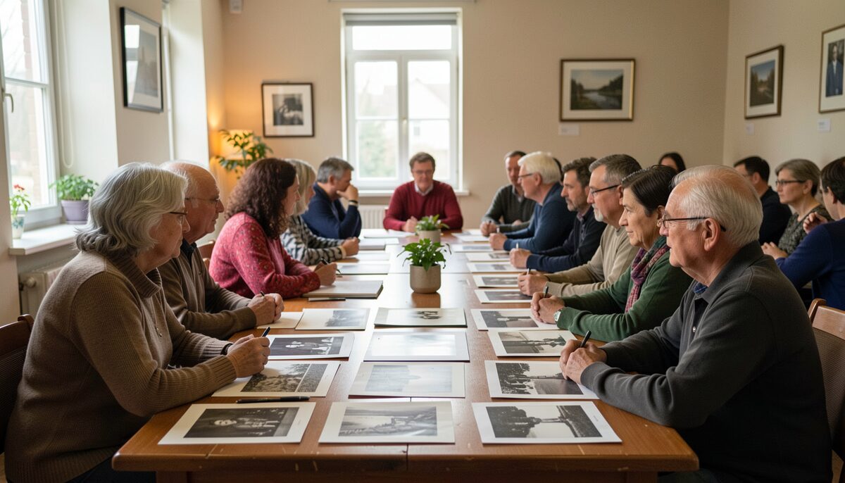 Abendtreffen eines Heimatvereins mit historischen Fotografien. Illustratives Bild, mit KI erzeugt.
